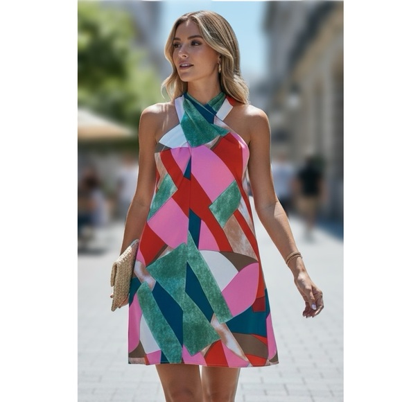 Cupshe Dresses & Skirts - CUPSHE Geometric Cross Over Neck Sleeveless Mini Dress Retro Chic Beach Sz Small